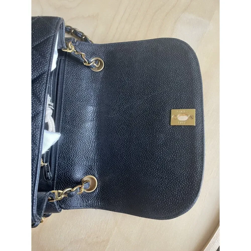 Chanel Caviar Medium Square Flap Crossbody Bag Classic Black Leather Gold CC